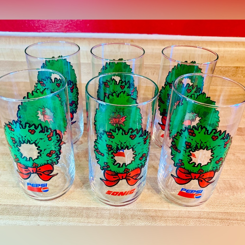 Vintage Sonic Drive In Pepsi Holiday Wreath Christmas Drinking Glass Set Of 6